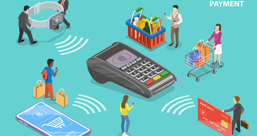 Flat isometric vector concept of contactless, wireless, cashless payment, NFC